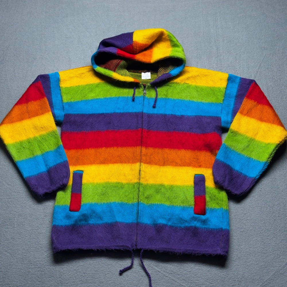 Yari Artesanias Rainbow Striped Wool Zip Up Hoodie Ecuador Mens Medium